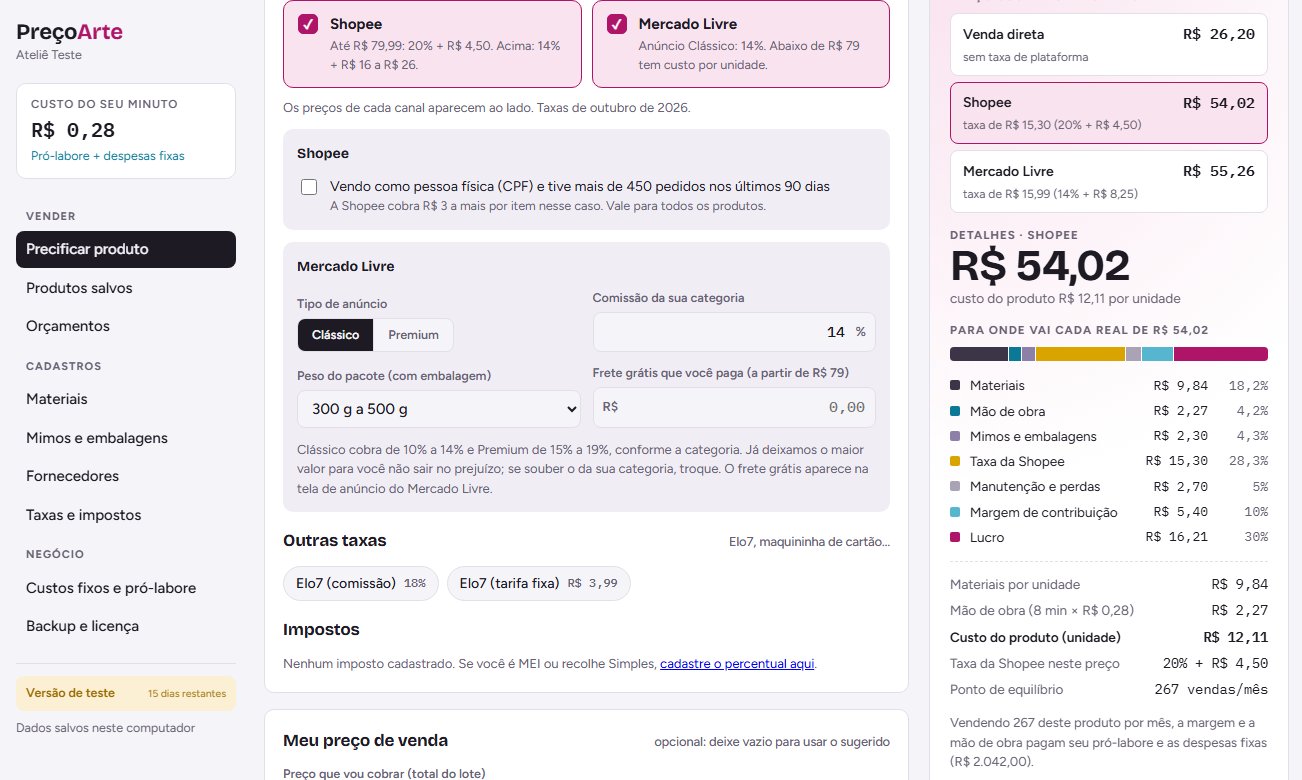 Cartões da Shopee e do Mercado Livre marcados no programa, com as opções de anúncio, peso do pacote e frete grátis, e o preço de cada plataforma ao lado.